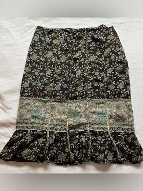 Vintage 90s Y2K Jones New York Collection Brown & Green Floral Silk Midi Skirt